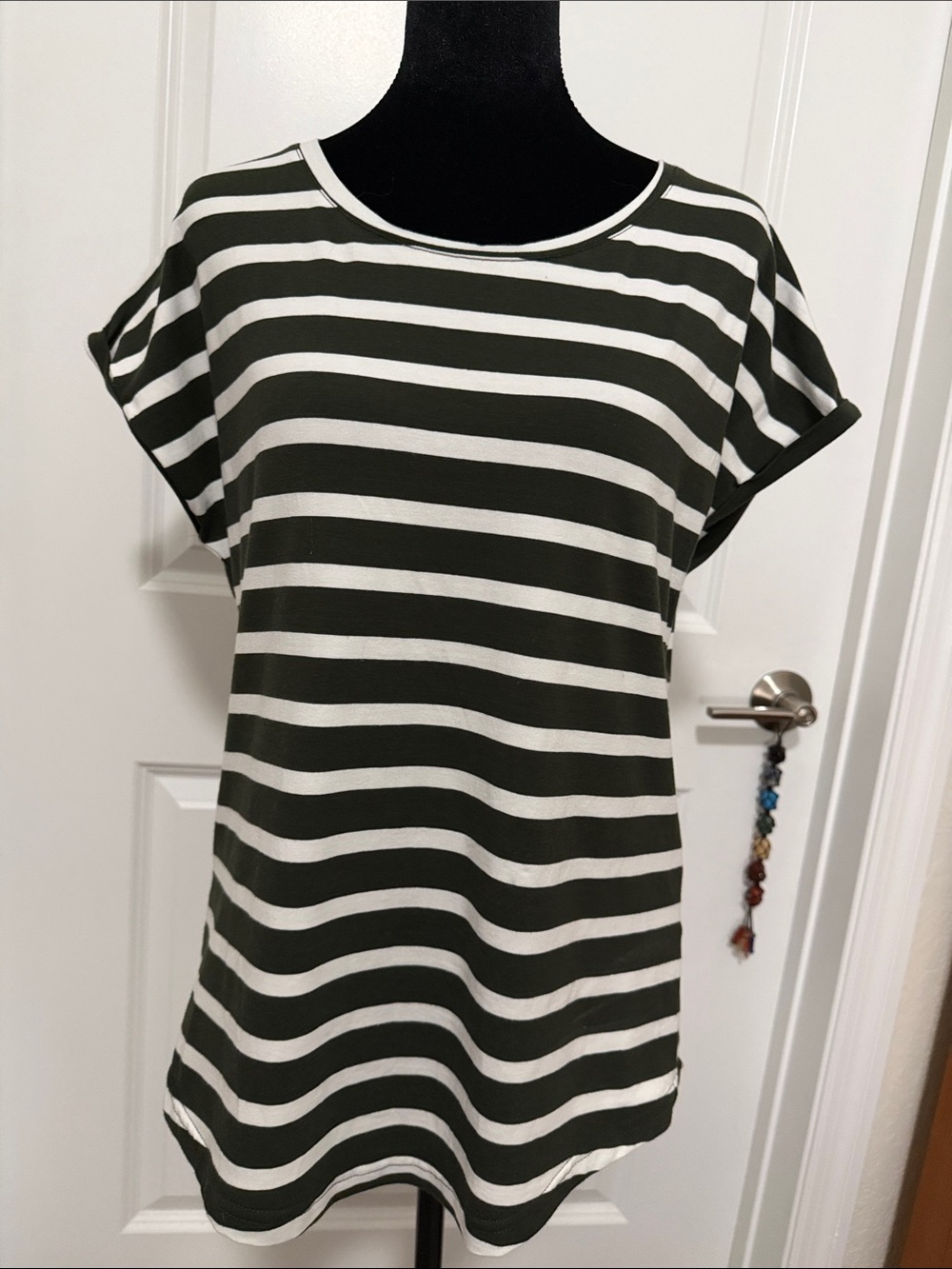 b.young Olive & White Striped Short Sleeve Scoop Neck Tee by